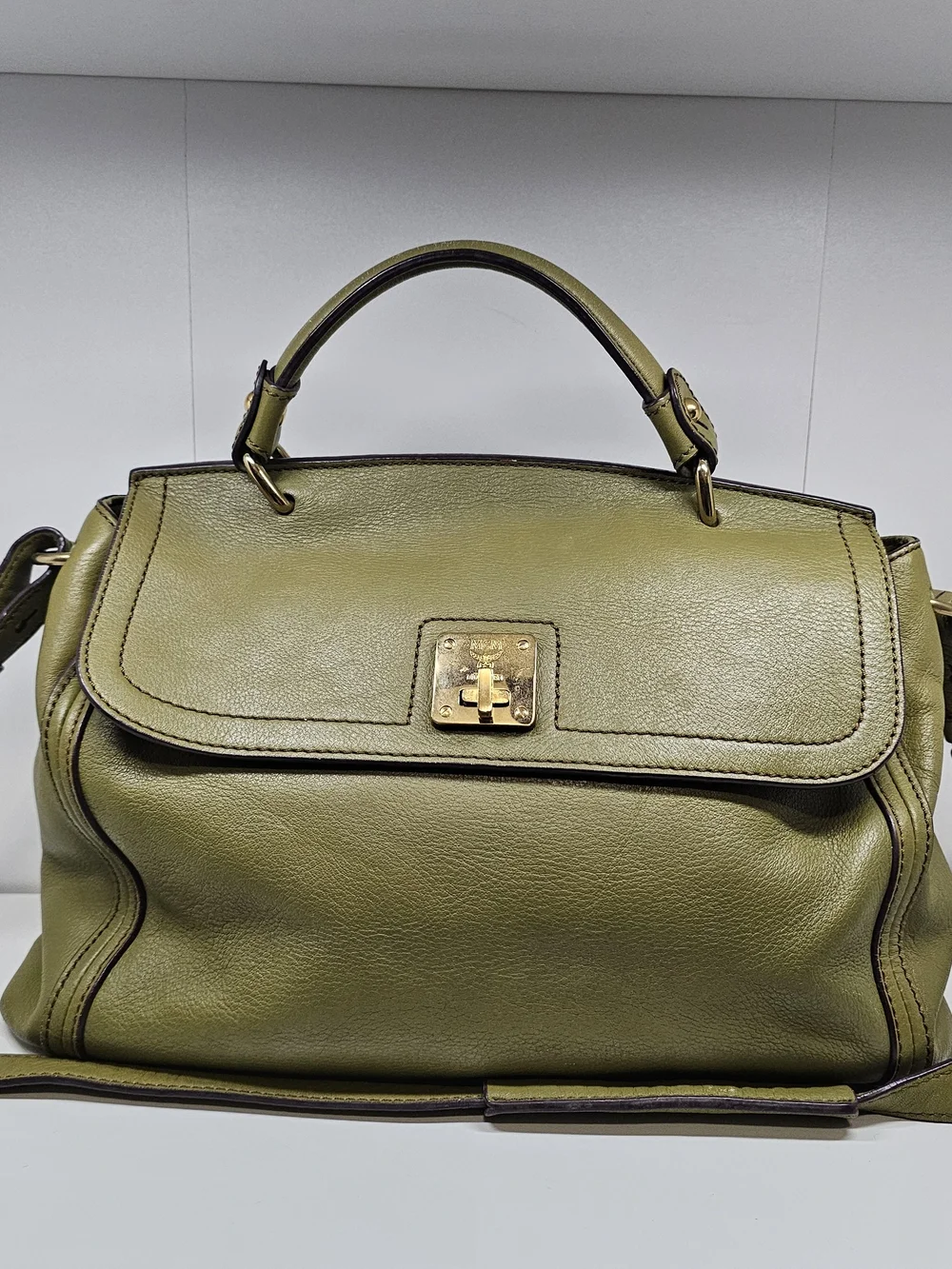 MCM Olive Green Leather Top-Handle Satchel with Gold Hardware